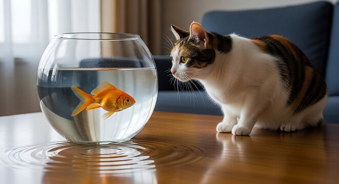 Curious calico cat watching a goldfish swimming in a bowl on a wooden table showcasing feline curiosity pet care and indoor pet lifestyle.