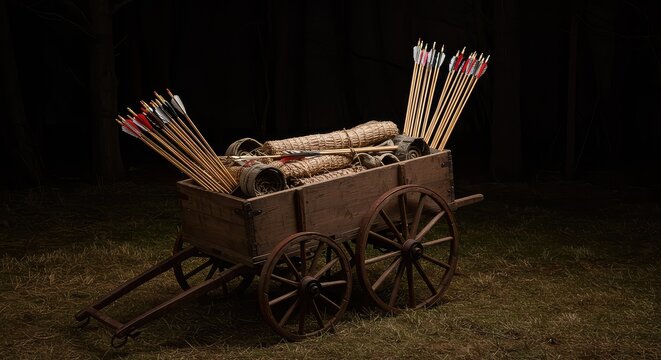 Antique wooden military supply cart heavily loaded with numerous feathered arrows, ready for rapid battlefield deployment and archery replenishment ,ammunition ,medieval ,box