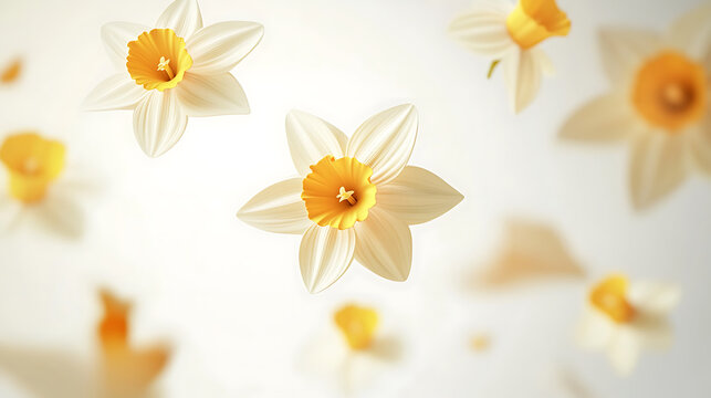 A close-up view of beautiful daffodil flowers with soft and light background, showcasing their delicate petals and vibrant colors.