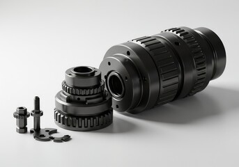 Complex mechanical parts arranged neatly on a pure white surface, symbolizing technical skill, engineering expertise, and mastery of construction ,improvement ,expertise ,skill