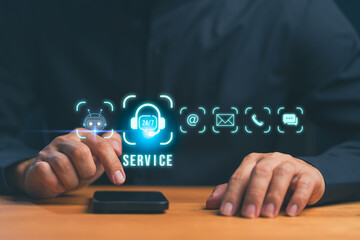 Businessman using digital interface for 24/7 online customer service and AI chatbot support, representing technology communication, virtual assistance, and professional help desk solutions.