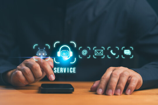 Businessman using digital interface for 24/7 online customer service and AI chatbot support, representing technology communication, virtual assistance, and professional help desk solutions.
