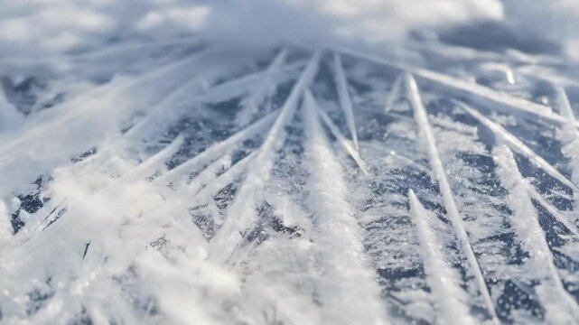 Close Up Macro Shot Of Translucent Ice With Visible Cracks And Snow Flurries During Daytime With Soft Natural Light