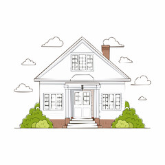 Quaint architectural house illustration with stylized clouds and verdant shrubbery adornment