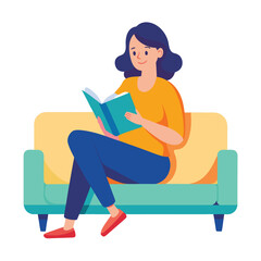 A girl reading a book sitting on a sofa