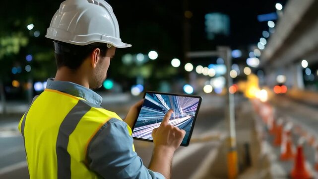 Back view of engineer's shoulders framing focused AR tablet display with infrastructure scan projection, with copy space