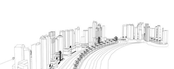Fototapeta premium Black and white contour drawing of a cityscape with tall buildings, trees, and a road. The stark white background emphasizes the intricate line details.