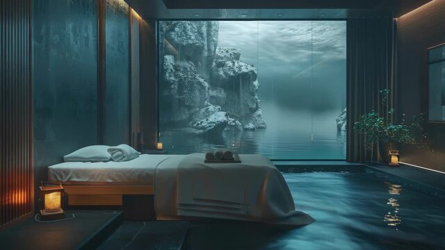 Spacious bedroom in contemporary home with panoramic view of indoor pool