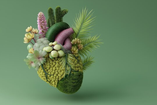 3d illustration of a human heart made from plants, with pastel colors, a green background, and pink and blue tones. the image is highly detailed.