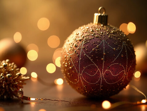Close-Up of Shiny Gold Christmas Ornament with Glitter