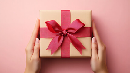 Naklejka premium Female hands tying ribbon on elegant gift box, preparation and care concept