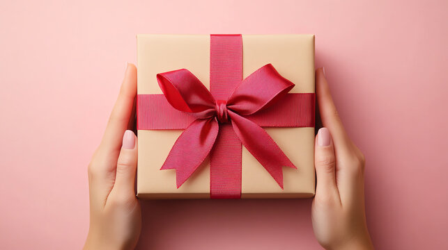 Female hands tying ribbon on elegant gift box, preparation and care concept