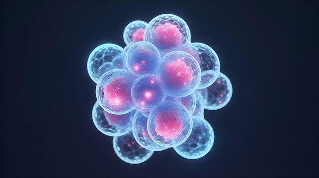 A 3D abstract, glowing cellular structure. A beautiful, complex, blue and pink network.