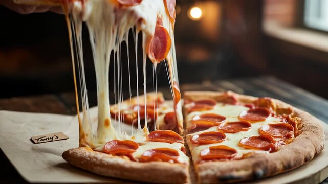 Close up of a hand lifting a cheesy pepperoni pizza slice revealing strings of melted mozzarella cheese against a blurred restaurant background warm lighting.