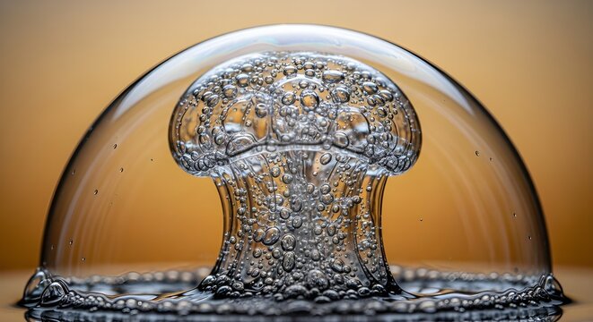 Macro photograph of a water splash forming a mushroom cloud inside a dome