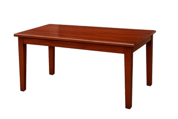 Fototapeta premium Rectangular wooden dining table featuring a smooth, glossy rich brown finish, ready for product placement or interior design context