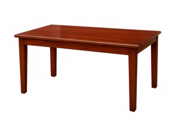Rectangular wooden dining table featuring a smooth, glossy rich brown finish, ready for product placement or interior design context