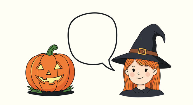 A friendly witch and a smiling jack-o'-lantern with a blank speech bubble, ready for your Halloween message or dialogue.