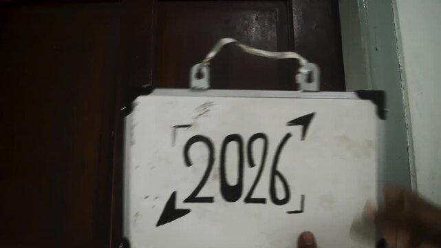 Footage displays a sign with the inscription 2026 being hanged on a door, symbolizing the upcoming new year. Represents anticipation and the start of a new chapter in 2026.