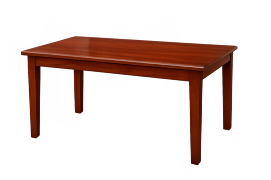 Rectangular wooden dining table featuring a smooth, glossy rich brown finish, ready for product placement or interior design context