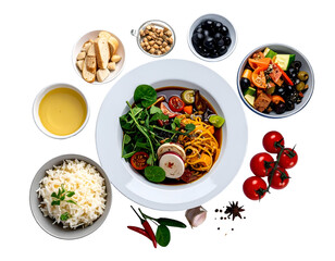 A colorful and appetizing bowl of pasta with fresh vegetables and herbs surrounded by various side dishes and ingredients