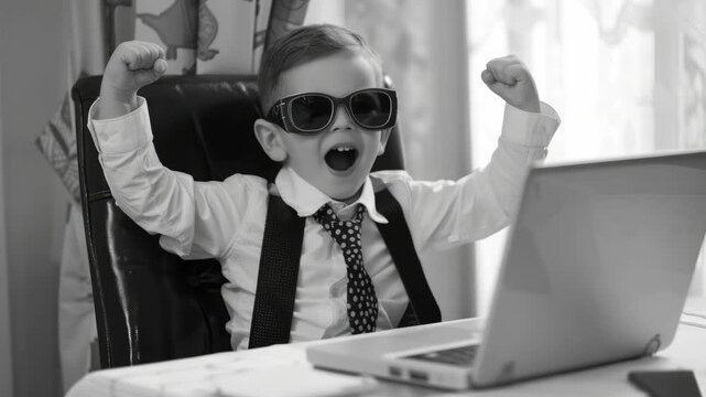 A young child wearing a tie and sunglasses is sitting at a desk with an open laptop. He raises his fists in the air as if he has achieved something significant.