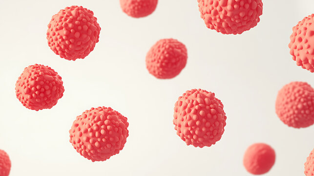 3D rendered red spherical particles with bumpy surfaces, representing scientific research on microscopic structures.