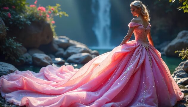 A breathtaking gown, shimmering with iridescent sequins and delicate embroidery, cascades in graceful folds Perfect for fantasy, fairytale, or magical themed projects , cascade, delicate