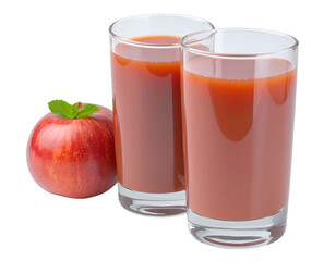 Two glasses of fresh juice positioned next to a whole with a leaf on top, showcasing a healthy beverage option