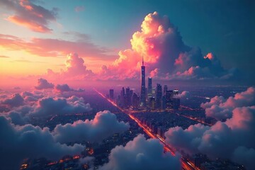 A futuristic cityscape skyline with abstract glowing cloud formations representing vast data storage in the digital cloud , futuristic city, abstract background