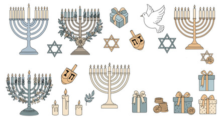 Illustrative collection of Hanukkah symbols and decorations, featuring menorahs, dreidels, Stars of David, gifts, and candles.