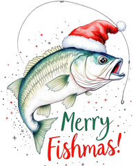 A largemouth bass wearing a santa hat and the text merry fishmas, isolated on transparent background