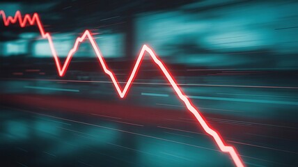 Red downward trending graph line on abstract motion blurred background chart