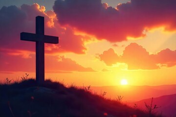 A serene landscape with a cross silhouetted against a vibrant sunset, conveying peace and spiritual reflection Perfect for religious themes, Easter, or inspirational projects , mountains, beauty