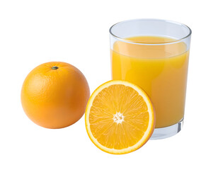 Fresh orange with a glass of orange juice and a sliced orange segment on a transparent background