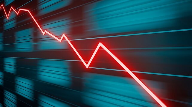 Red downward trending graph line against abstract blue background chart