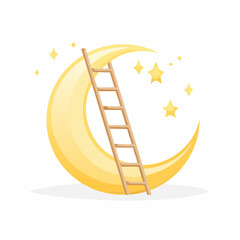 Whimsical Dreamscape: A ladder resting on a crescent moon surrounded by stars creates an
