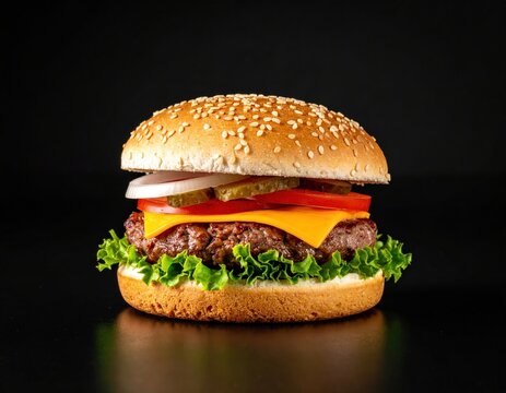 Delicious classic burger with sesame seed bun and fresh ingredients