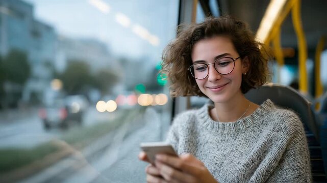 Smiling young woman interacting with smartphone, seated near bus window, dynamic cityscape motion blur outside