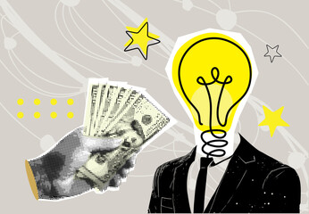 Fototapeta na wymiar Trendy halftone collage element. Person, businessman, expert with light bulb instead head and hand giving dollar money. Buy idea, investing. Concept Investment into Idea or Business Startup