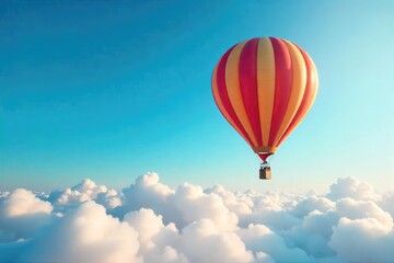 Fototapeta premium A whimsical hot air balloon floats serenely against a vibrant blue sky, casting a long shadow on fluffy clouds below Perfect for travel, adventure, and freedom themes , fantasy, clouds