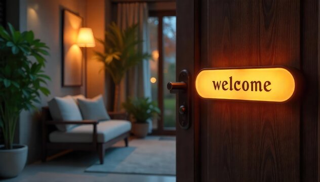A warm, inviting home scene featuring a stylish, illuminated "Welcome Home" button on a sleek, modern door Perfect for real estate, home decor, or technology websites , key, home sweet home
