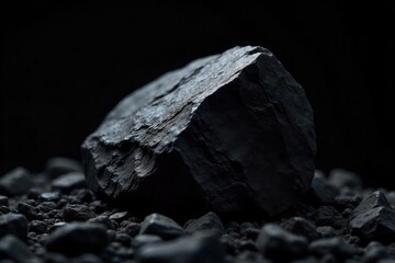 Close-up of a piece of coal against a stark black background, highlighting its texture and the stark contrast representing the dark side of fossil fuel reliance , intense, somber