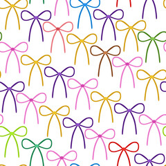 Cheerful seamless pattern with colorful hand-drawn bows on a white background. Children's design for packaging, stationery, textiles, gift wrapping. Birthday invitation.