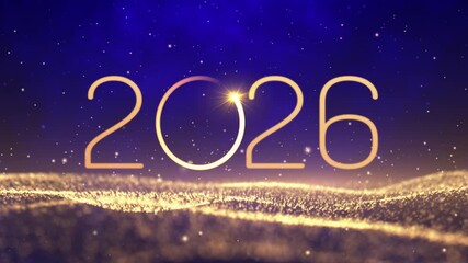 Happy new year 2026 neon animation. Shiny golden gradient numbers 2026 on glittering and sparkling wave on blue background. New Year background. - Powered by Adobe