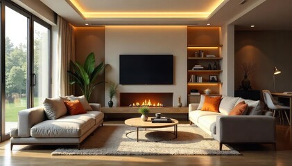 Cozy and inviting living room interior with comfortable furniture, warm lighting, and stylish decor Perfect for relaxation and entertainment , lighting, accessories