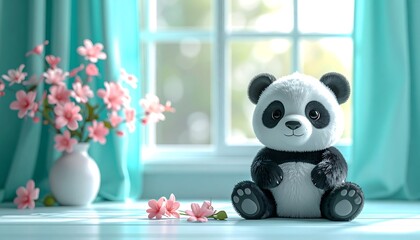 A sweet panda plush toy sits on a surface near a window with open curtains and vase of pink flowers
