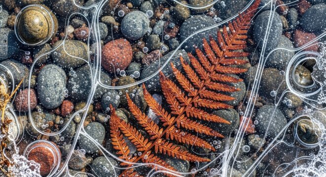 Autumn fern leaf frozen under a layer of clear ice. Abstract natural pattern with trapped air bubbles and lines. Colorful river stones and pebbles visible below the surface. Macro winter nature detail - Powered by Adobe