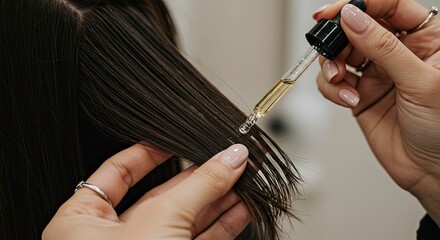 Applying Hair Serum with Dropper to Dark Hair Strands