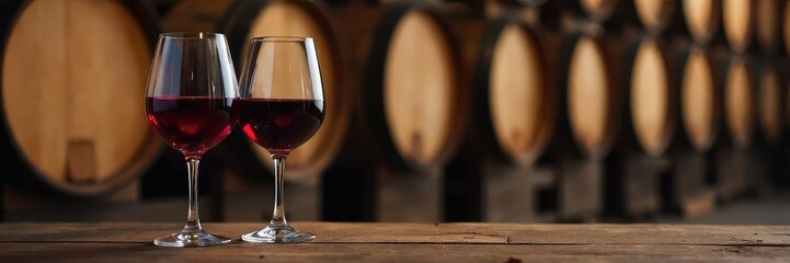 Elegant wine glasses filled with rich red wine, nestled amongst aged oak barrels in a rustic wine cellar A perfect image for wine tasting, vineyard, or winery marketing , cork, background